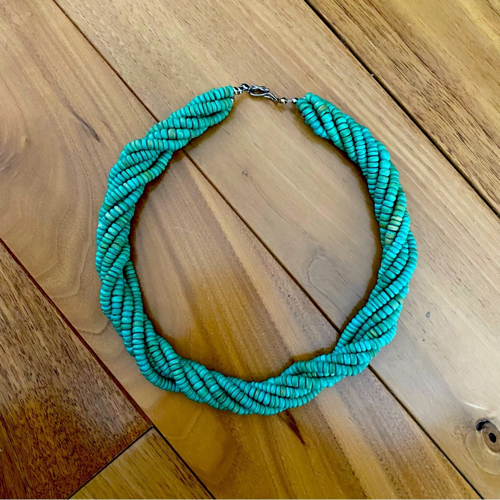 Turquoise Color Statement Twisted Bead Necklace Lightweight Boho
